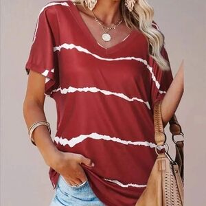 Women's Red and White V-Neck Top